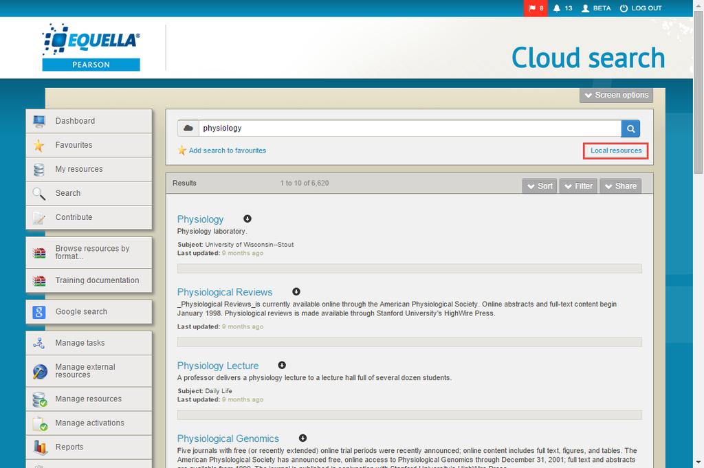 Figure 22 Search results page with available Cloud results The system has also searched the cloud with the same search term, and found available results. 2. Click the Found x cloud results link to open the Cloud search page and view the matching cloud results.