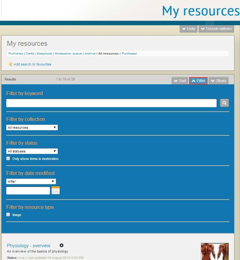 Filter by keyword allows the user to enter keywords to search within the My resources page. The system searches for matching keywords in the resource title, description and attachment name.