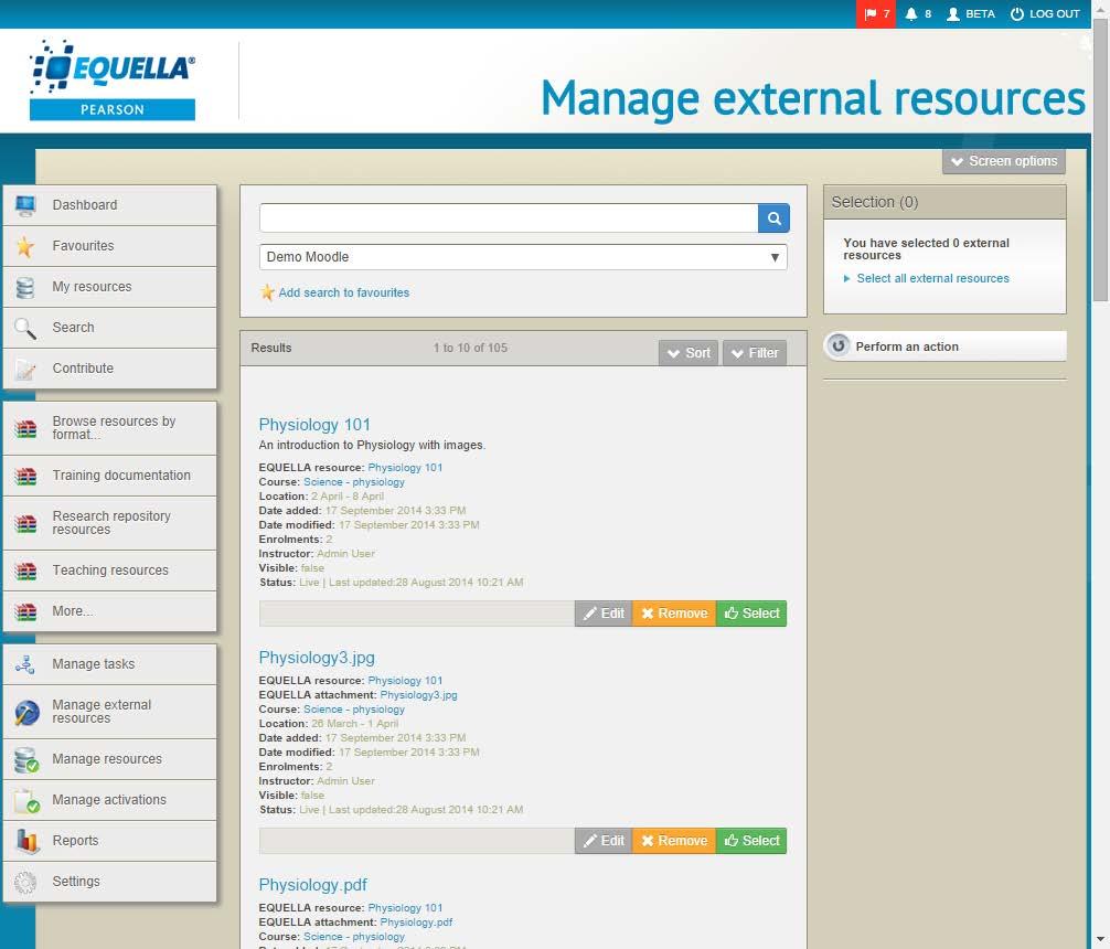 The Manage external resources page is accessed by selecting the Manage external resources link from the navigation menu. An example is shown in Figure 60.