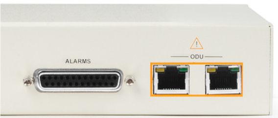 The ODU port LEDs indicate: Green LED port synchronized on 100M. Yellow LED port synchronized on 1000M.