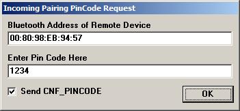 Figure 33: Incoming Pairing PinCode Request window When the device is successfully added and