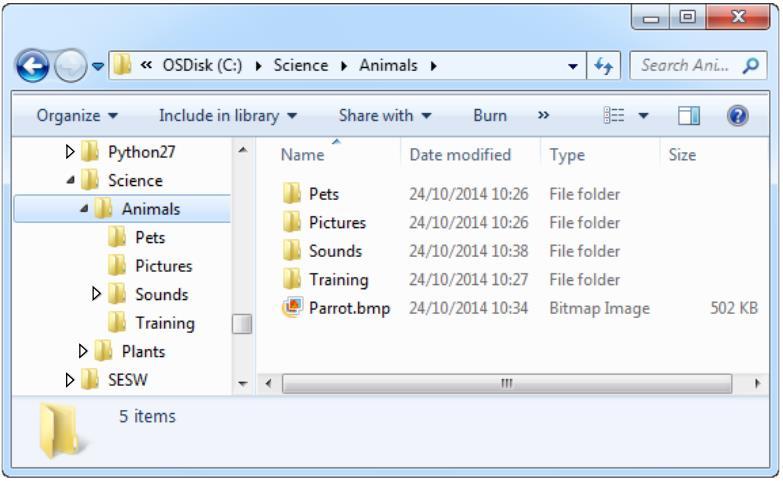 Q7: This question is about files and folders. a) Write the name of the folder that has the sub-folder Pets. b) Write the name of one of the sub-folders of the Science folder.