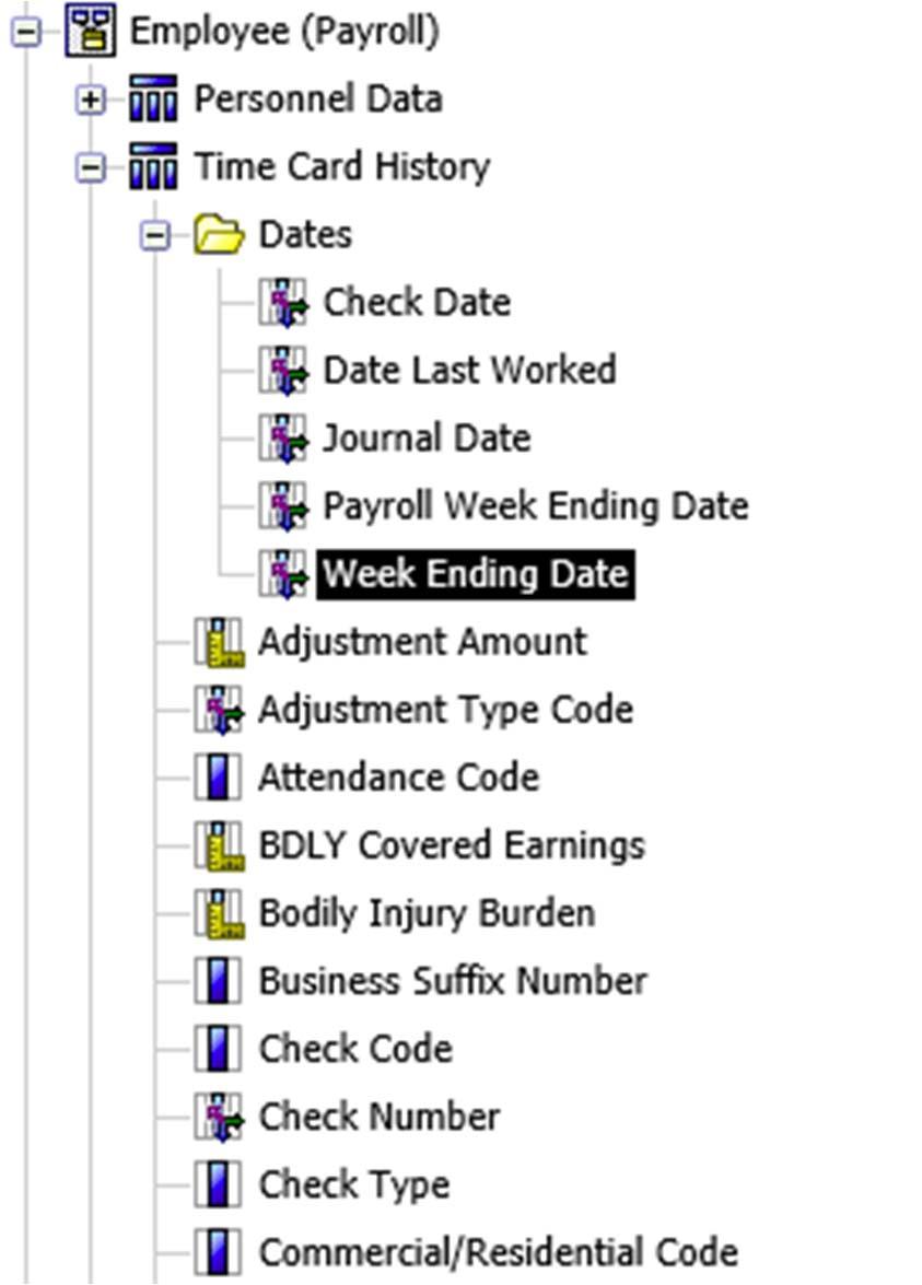 Reporting: Expand Time Card History and Insert: Weekending date from Dates Query Subject Week