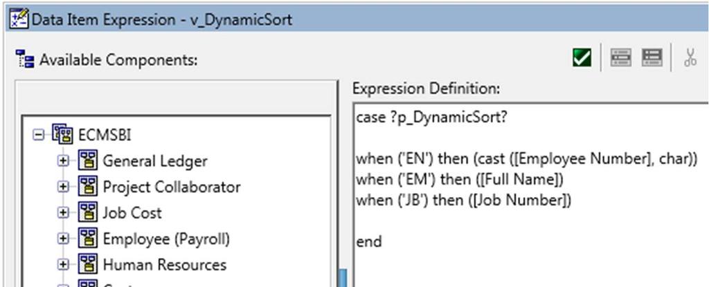 Enter the following Case statement into the expression definition box. Get the parameter?p_dynamicsort?