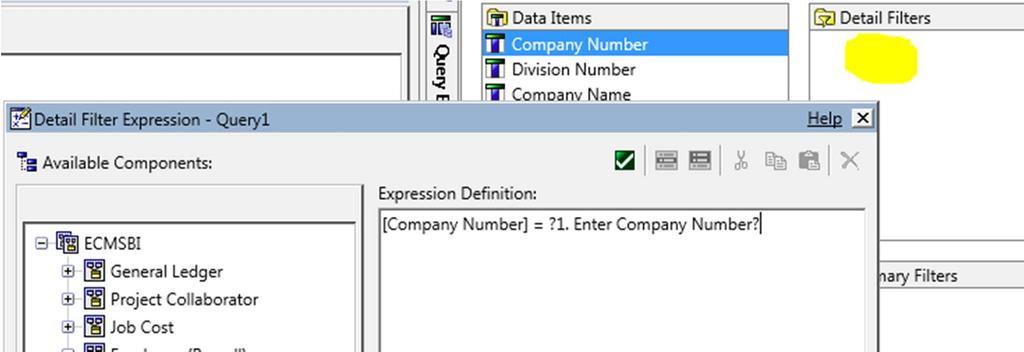 Prompts: In Query Explorer, from your Data Items list. Drag company number to the Detail Filters box on the right and drop it in there.