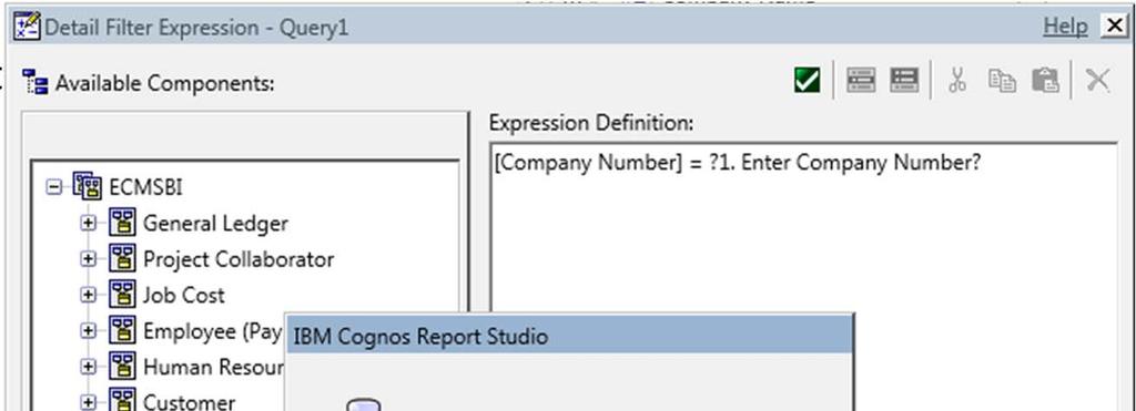 Prompts: In Query Explorer, from your Data Items list. Drag company number to the Detail Filters box on the right and drop it in there. Type the following after [Company Number] =?1.
