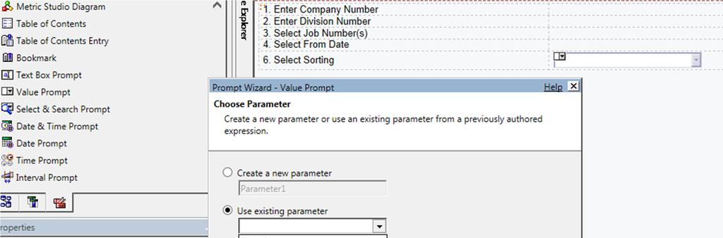 Prompts: Add the remaining prompts to the prompt page. Use value prompts for company, Division, Job number. Use Date prompts for the From and To Dates.