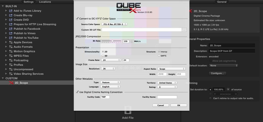 For more information about colour-spaces and aspect ratios please visit the support forum at http://forums.qubecinema.