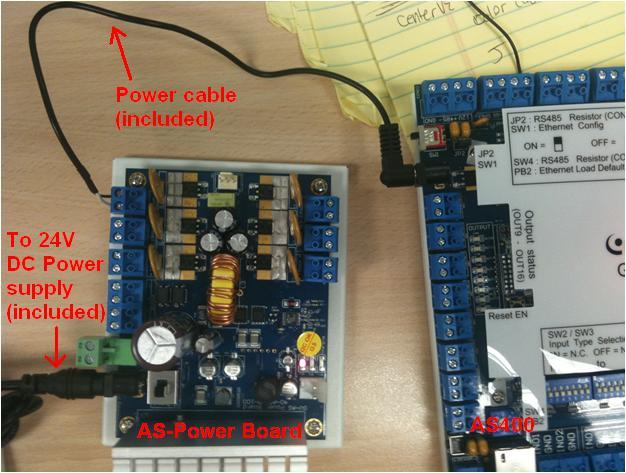 5.5.6 Power Connection 1. Connect 12V output on AS-Power Board to AS400 power input with 2 wire power cable (+/-) (included). 2. Connect AS-Power Board to any 110V AC wall outlet via 24V DC Power Supply block (included).