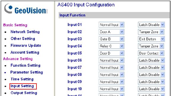 9. Configure each Input Type/Function and designate its corresponding door or relay output accordingly.