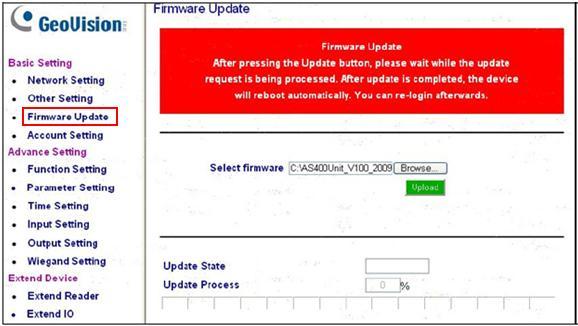 4. Click Browse and locate the new firmware from desktop. 5. Click Upload to begin the update. 6.