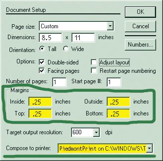 Quick Overview for Creating New Documents Go to PageMaker and open the file that you want to send Go to the File menu - select Document Setup Set all your Margins to.