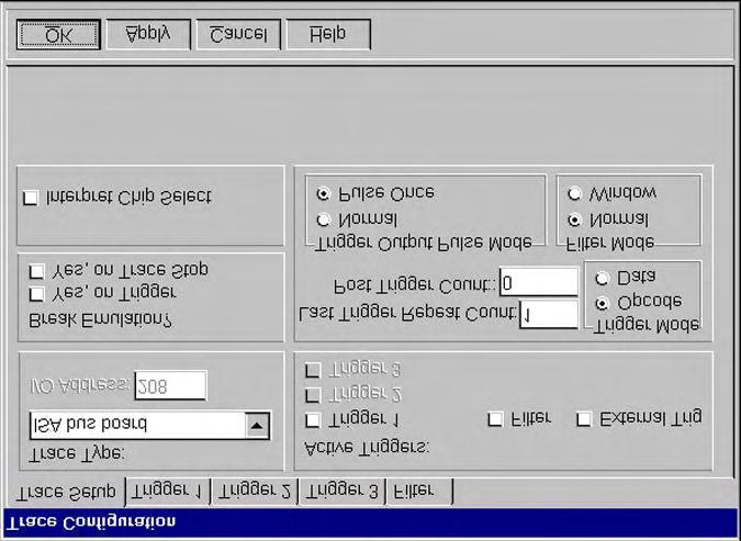 EMUL16/300 PC User Guide Figure 36. Trace Configuration Dialog Box From the Config menu, select Trace. The Trace Configuration dialog box opens (Figure 36).