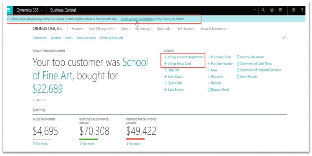 To Start: Go to Dynamics 365 Business Central Dashboard, click on the eshop Account