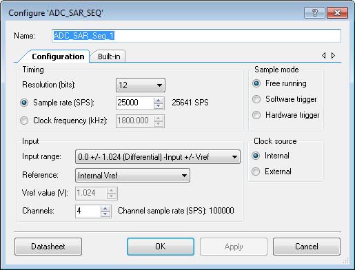 Sequencing Successive Approximation ADC (ADC_SAR_Seq) ADC_SAR_Seq clock. If you set the Sample Mode parameter to Free-running or Software trigger this I/O is hidden.