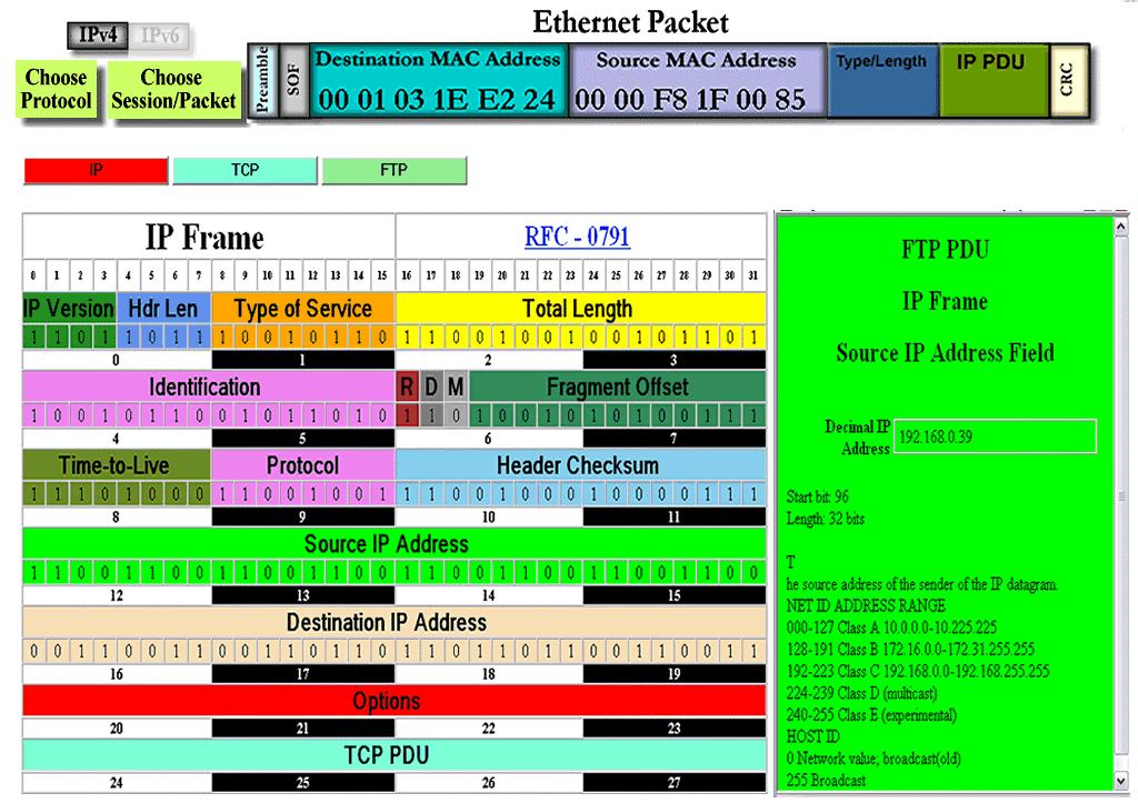 Display Screen - IP: This is the screen that automatically displays once a packet is selected. This specific IP Frame is a FTP Protocol Data Unit (PDU) because that s what chose at the begining.