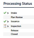 The green checks mean these Processes have been completed. The hourglass means it is In Process. Here we can see Intake and Issuance have been completed.