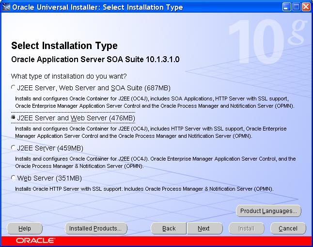3. To install select J2EE Server and Web Server (476MB) and