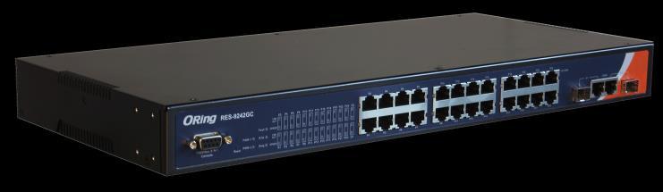 Ethernet switch with 24x10/100Base-T(X) ports and 2xgigabit combo ports, SFP socket.
