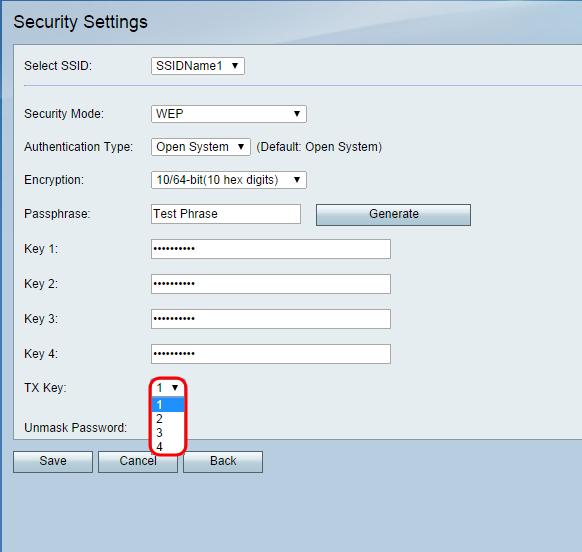 Step 6. Choose the key that you want to use from the TX Key drop-down list. The Transmit (TX) Key is the key that will be used to encrypt your data.
