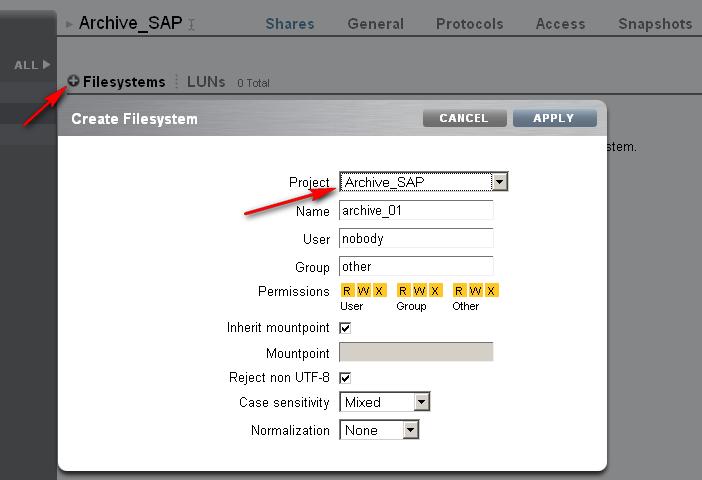 Shares To define a share: 1. Go to the Shares section. 2. Select Archive_SAP from the project menu. The Archive_SAP window is displayed. 3. Click on the plus (+) sign to create a new file system.