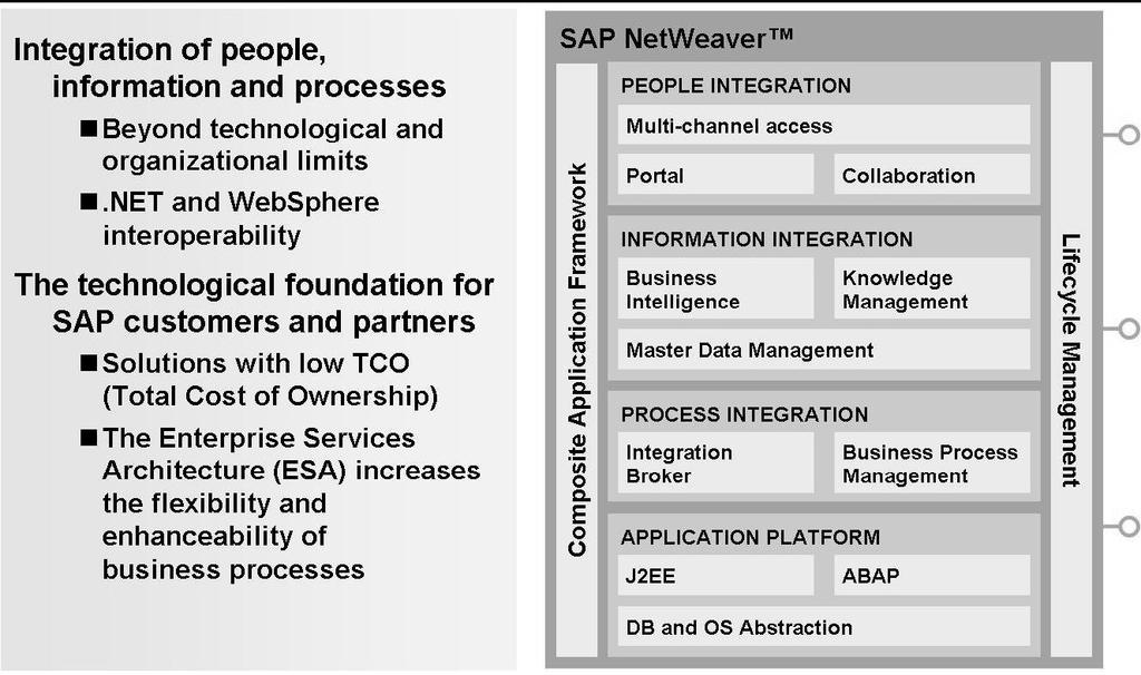 Figure: SAP NetWeaver Layers of SAP NetWeaver People integration People integration ensures that your employees have the information and functions that they require to perform their work as quickly