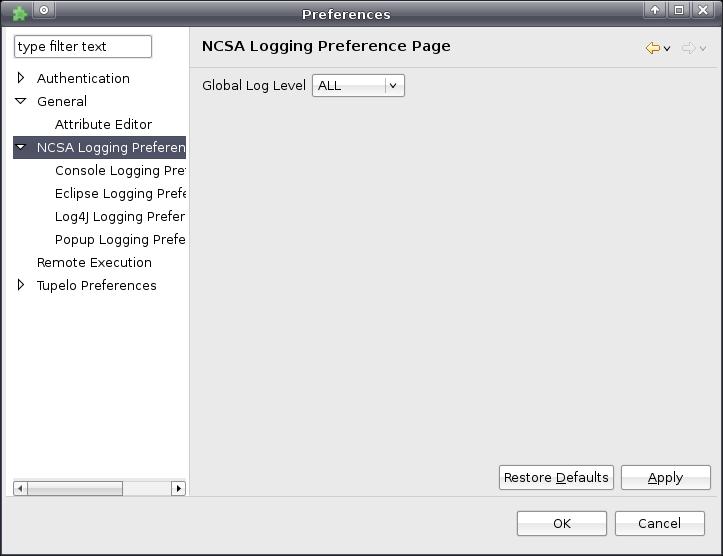 Figure 11. Preference page for selecting different levels of logging, along with the global log level.
