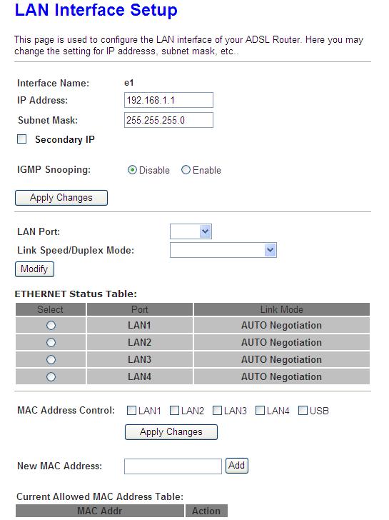 4.3.4 LAN Interface From LAN Interface, Configure the DSL Router