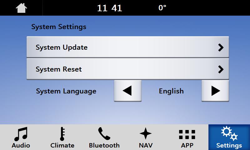 System Settings The System Settings menu gives you the following: System Update: Used to update the interface.