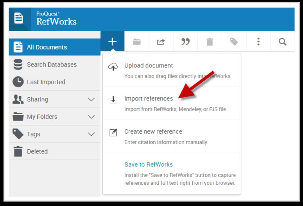 account in the new RefWorks and click on the "plus menu" then click on "Import references" as