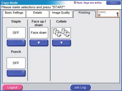 Finishing tab 1 3 4 2 No Feature Options Description 1 Staple OFF / Left Position / Right Position 2 Punch OFF / Left Position / Right Position Allows you to select the staple options (and