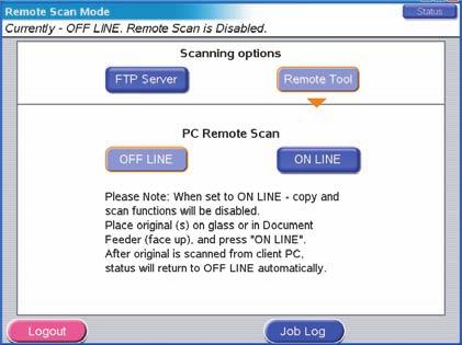 Remote scan mode The main steps in summary are: (a) (b) (c) (d) (e) Press the SCAN TO NETWORK button. Press the Remote Tool button. Set your document on the scanner unit. Press the On Line button.