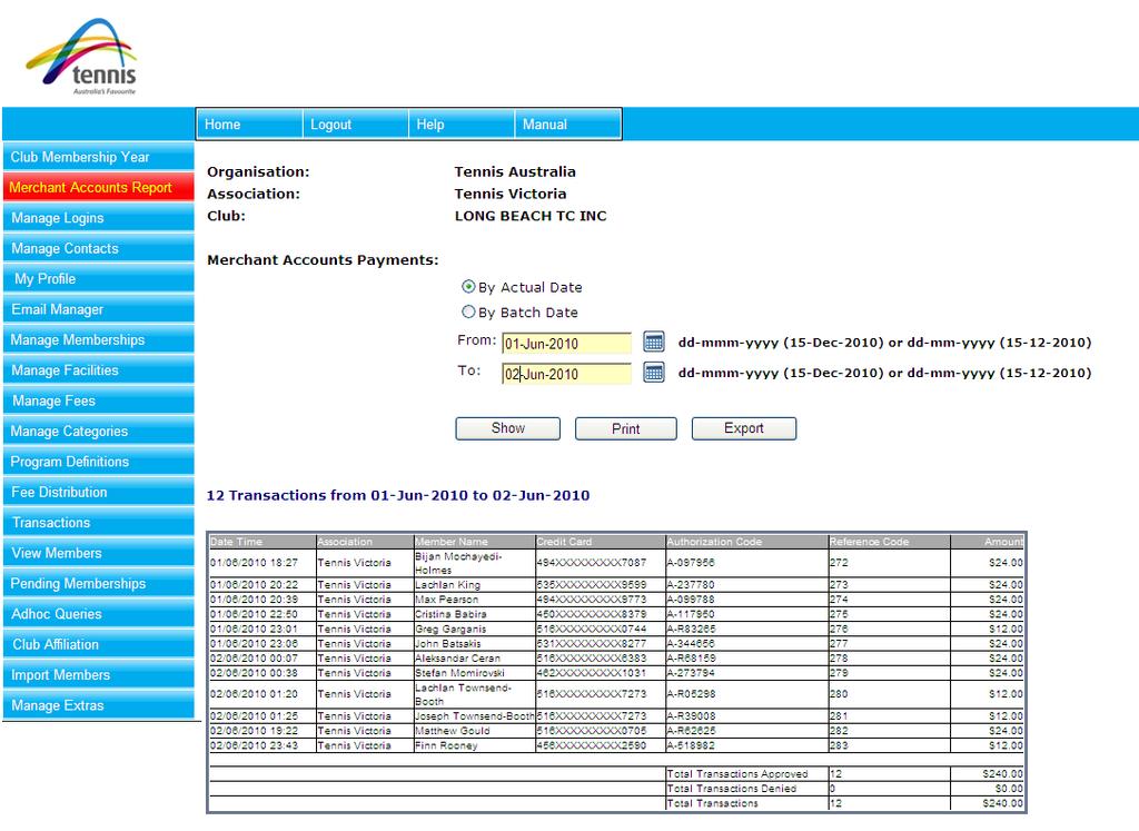 Figure 8: Merchant Account Report Results Screen To print the results, Click on