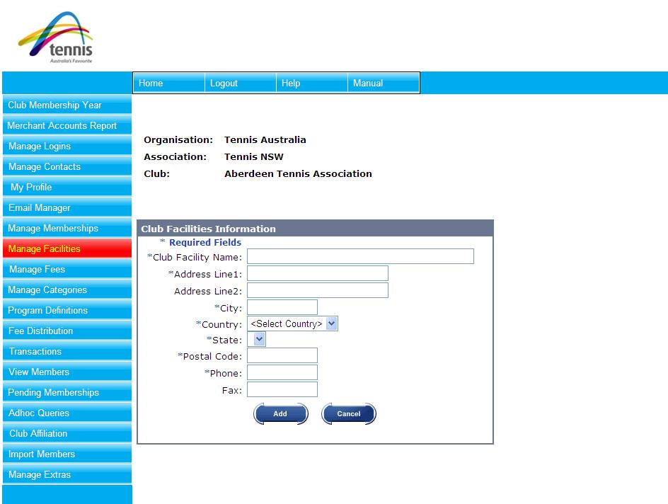 Figure 35: Add Facilities Screen 1. In the Club Name field, enter the name of the club. 2. In the Address Line1 field, enter the address of the club. 3. In the Address Line2 field, enter the address of the club.