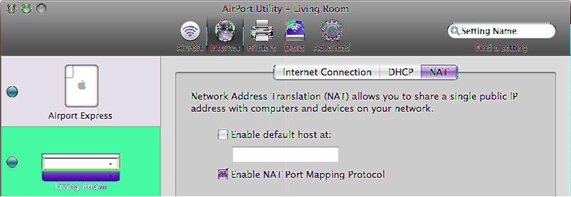 3 In the NAT section, verify that Enable NAT Port Mapping Protocol is selected. 4 Click Update, if needed. 5 Quit AirPort Utility.