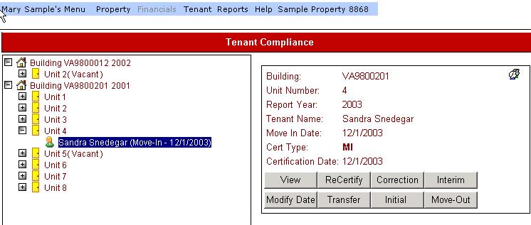 Viewing Tenant Information, Continued Viewing Tenant Information (continued) 4 Click on the tenant certification you want to view.