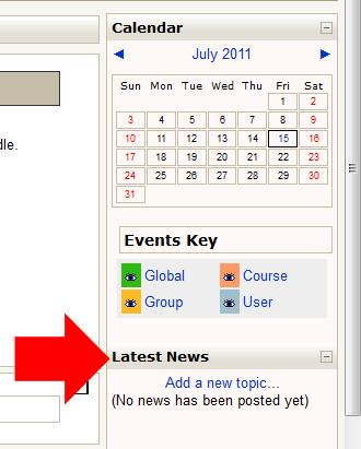 On the example course page, you also will see the forum you have posted listed under Latest News.