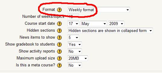One of your choices will be to arrange your Moodle course Homepage with a weekly or