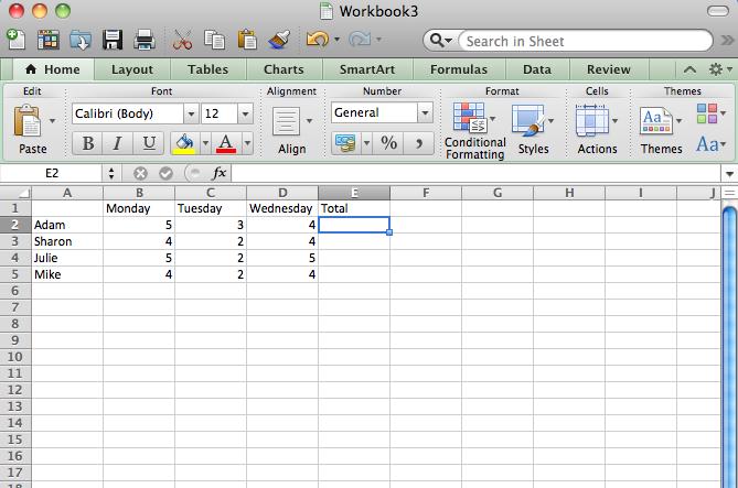 The following steps explain how to calculate the total number of widgets that Adam sold in Figure 6. 1. Select the cell location on the spreadsheet where the total will appear.