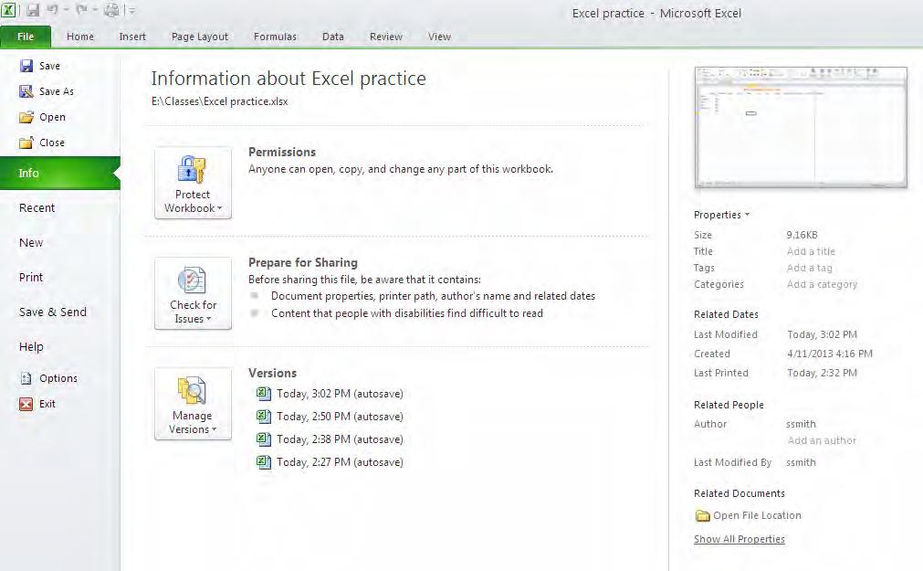 12 Introduction to Excel 2010 Saving your Work & Backstage View We wouldn t want Bob to lose his list of bills for the month, so let s save this spreadsheet.