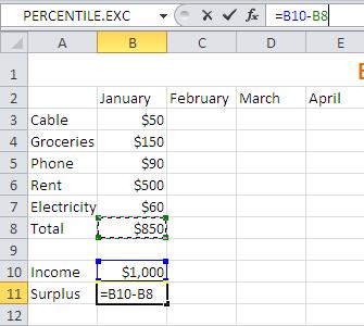 16 Introduction to Excel 2010 Let s write a formula to find out how much surplus income Bob has for the month of January.