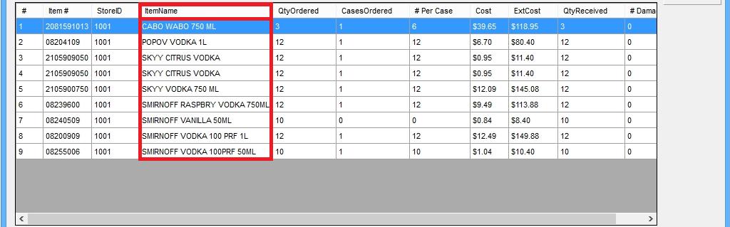 This sorting method is also used for the QtyOrdered, CasesOrdered, # Per Case, Cost, Qty Received, and # Damaged.