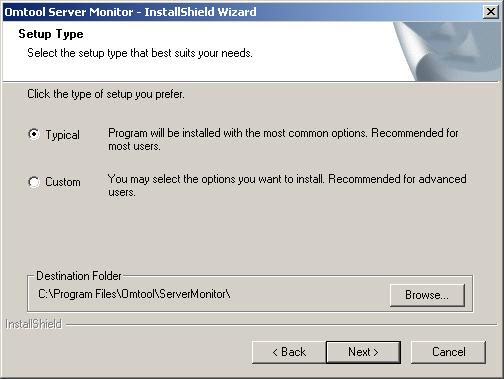 2-4 Section 2: Installation Omtool Server Monitor Administrator Guide 4 Read the license agreement and click YES if you agree to the terms. The setup shows setup options. 5 Click NEXT.