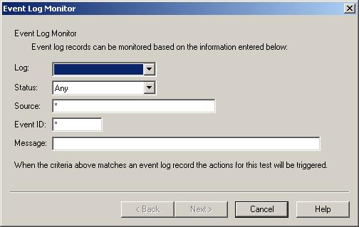 Omtool Server Monitor administrator guide 3-15 Event Log Monitor The Event Log Monitor test allows you to configure what information you want to retrieve from the Event Log.