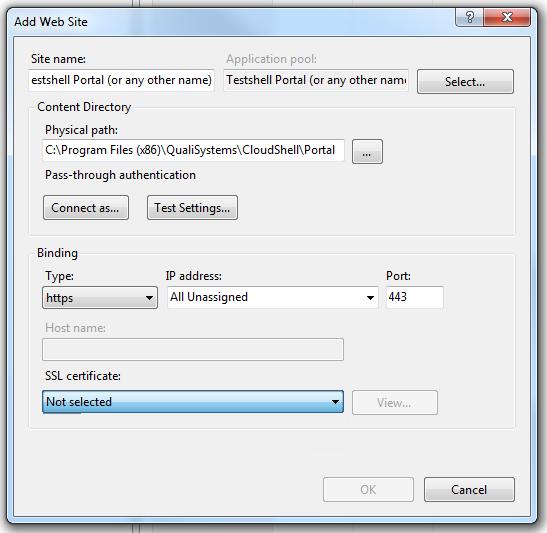 Configure CloudShell Products 3. In the context menu, select Add Web Site. 4. In the Site name field, specify a name for the site. 5.