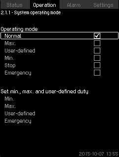 The factory setting may have been changed in the start-up menu. 8.5.2 System operating mode (2.1.1) C Fig. 17 Operation The column shows the setting range.