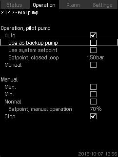 English (GB) 8.5.6 Pump 1-6 (2.1.4.1-2.1.4.6) 8.5.7 Operation, pilot pump (2.1.4.7) Fig. 29 Pump 1-6 This display is shown for the individual pumps and makes it possible to set an operating mode.