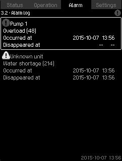 8.6.2 Actual alarms (3.1) 8.6.3 Alarm log (3.2) The alarm log can store up to 24 warnings and alarms. English (GB) Fig.