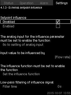 8.7.5 External setpoint influence (4.1.3) Fig. 41 External setpoint influence Settings > Primary controller > External setpoint influence > Input value to be influenced by.