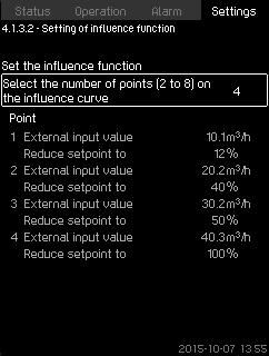 English (GB) 8.7.6 Setting of influence function (4.1.3.2) Settings > Primary controller > External setpoint influence. 1. Set the influence function. 2. Set the number of points. 3.